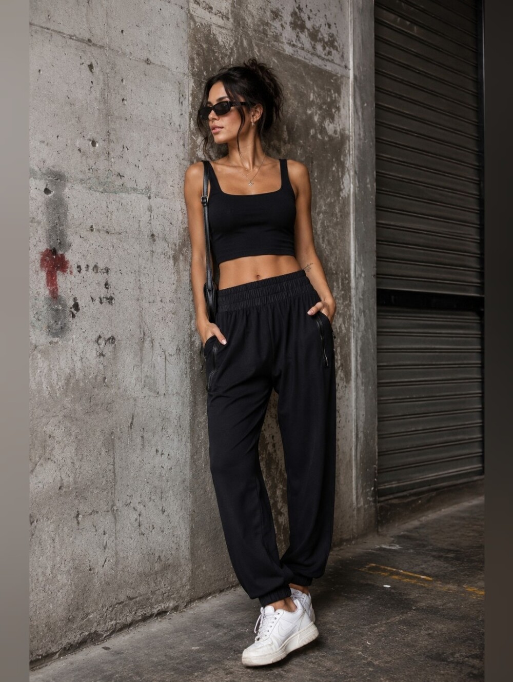 Black Elastic-Waist Casual Pants